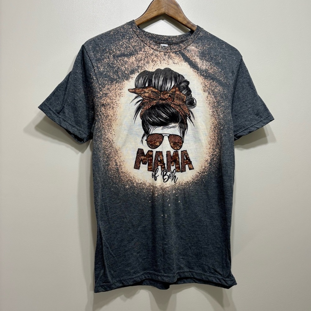 Gildan Mama Of Both Cheetah Camo Print Comfy Soft Graphic Tee Shirt Top Grey